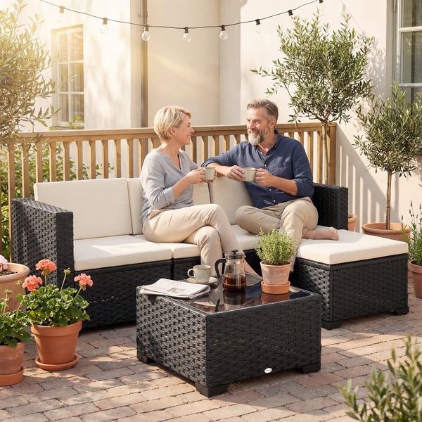 patio sofa, outdoor furniture, wicker sofa, patio seating, outdoor conversation set, brand awareness, lifestyle, calm, warm, neutral, brown
